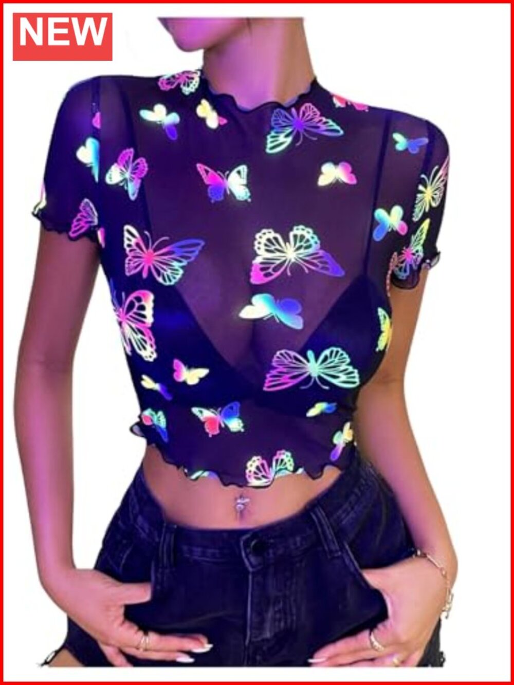 Women's Sheer Mesh Reflective Butterfly Crop Top Y2K Rave Party Tee